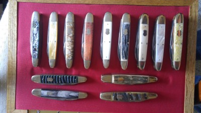5 1/4" Anglo Saxon Whittlers 5 blade. Heart Abalone- 11 made, gold lip pearl- 11 made, tiger coral-7 made, Apple coral-21, antique elephant ivory-11, stag-22,  interior mastadon ivory-11, pearl-14, white chip abalone-3, buffalo horn-22, green bone worm groove- prototype, sheep rams horn-8, master in bark ivory-11