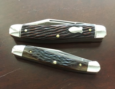 1950s Schrade-Walden #890 Stockman carbon &amp; peach seed jigged bone &amp; '83 Case #62109X Mini Copperhead CV &amp; bone, new grind