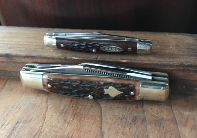 '86 Bulldog Stockman with "English Steel" (carbon) &amp; bone &amp; '74 Case #6233 Small Premium Pen with CV &amp; bone