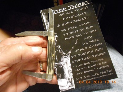 003.JPG (932.5 KiB) Viewed 3191 times Well worn blades, opened and the answer on the reverse of the card how to stop thirst!