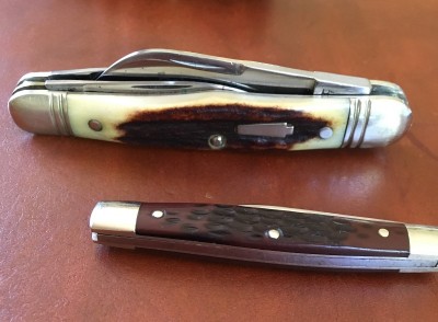 Schatt &amp; Morgan (Queen) #48 Carpenter's Whittler with 1095 &amp; elk stag &amp; '74 Case #6233 Small Premium Pen with CV &amp; bone