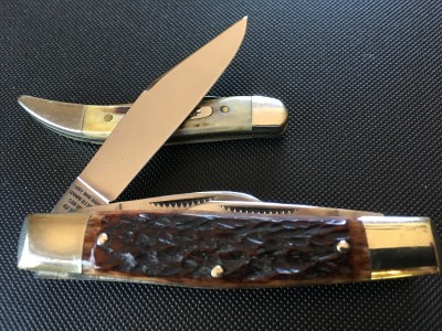 1986 Bulldog Brand Stockman with carbon &amp; bone &amp; 2008 Case #510096SS Small Texas Toothpick with SS &amp; stag
