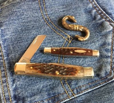 '86 Case #63032 Medium Stockman &amp; '74 Case #6233 Small Premium Pen, both with CV &amp; bone