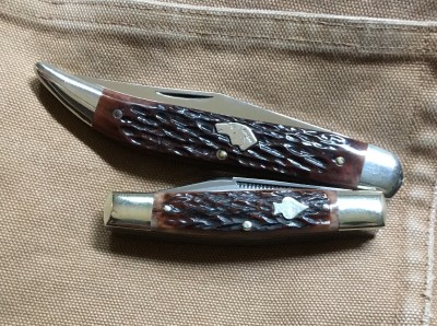'84 or '85 KA-BAR Texas Toothpick &amp; '86 Bulldog Brand Stockman, both with carbon &amp; bone