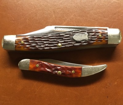 '73 - '75 Schrade-Walden #880 Kon-Kav Premium Stockman, Texas Pattern <br />with carbon &amp; Delrin &amp; 2015 Case #610096CV Small Texas Toothpick with CV &amp; bone
