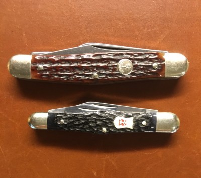 Boker #8573BR Stockman &amp; 1979 Kissing Cranes #2739XVIII Whittler, <br />both with carbon &amp; bone