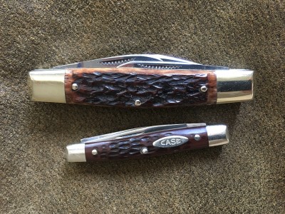1986 Bulldog Brand Stockman with "English Steel"carbon &amp; bone &amp; 1974 Case #6233 Small Premium Pen with CV &amp; bone