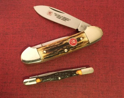 Henckels #HK-12-9 Canoe with SS &amp; stag &amp; Remington (Camillus) Tuxedo with SS &amp; Delrin