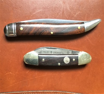 Schatt &amp; Morgan (Queen) #5 Toothpick with 1095 &amp; Desert Ironwood &amp; Boker Tree Brand #200 Canoe with 1095 &amp; Rosewood, probably