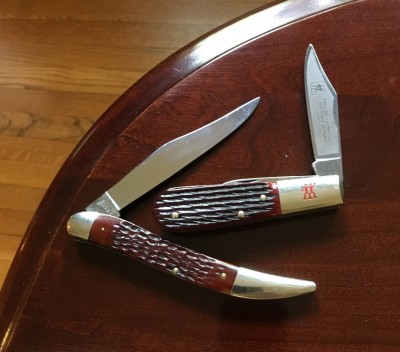 1972 Case #61093 Texas Toothpick with CV &amp; bone &amp; Henckels #HK-16-B Barlow with carbon &amp; bone