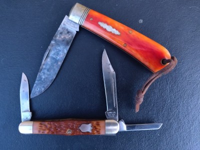GEC 43 in smooth orange camel bone, Camillus 72 in Delrin