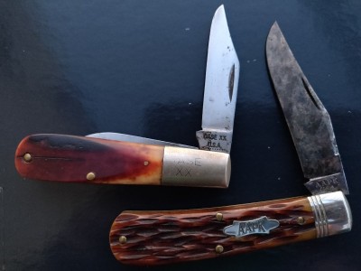 Case 10-dot 62009½ Barlow in red bone, GEC 2016 AAPK #74 trapper in antique autumn jigged bone