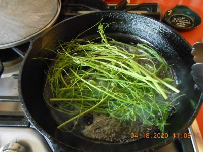 A mess of green brier tips in the black iron skillet, sauteing in butter seasoned with salt