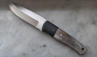 CFK bushcrafter in D2, micarta and camel bone