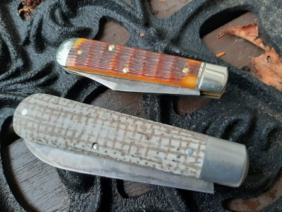 GEC #86 spear frosted mini wheat micarta - #14 golden brown bone