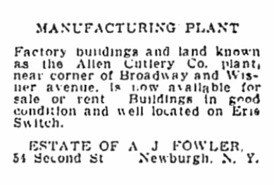 ALLEN CUTLERY COMPANY - NEWBURGH, N.Y. - 1917 To 1925.