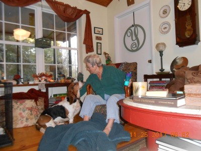 Baxter gettin' a little bit of lovin' from Miss Joy.