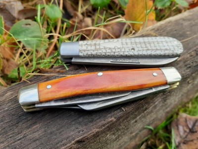 Northwoods 86 Heritage Frosted Mini Wheat micarta - Schrade USA 8 OT smooth orange bone by Jeffinn