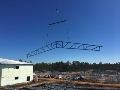 This is the 1st of the 105 foot trusses that needed the larger crane to put in place.