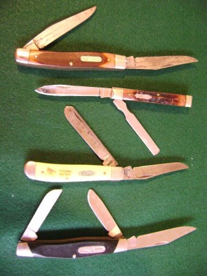 These are my other EDCs. I rotate them in and out, depending on my mood at the time.<br /><br />Schrade Old Timer - 770T Improved Muskrat<br />My son found it in a junk car. <br />Except for the rust on the blades it<br />looks hardly used.<br /><br />Marbles Doctors Knife - Chinese<br />Case 3207 Freedom Trapper<br />Buck 301 Stockman - Another knife my<br />son found in a junk car.