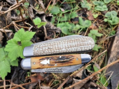 Heritage frosted mini wheat micarta - Bear Lake Sambar stag