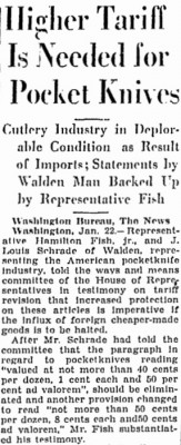 Pocket Knife Tariff-Representative Hamilton Fish Jr.,<br />J. Louis Schrade &amp; Colonel Thomas W. Bradley mentioned.