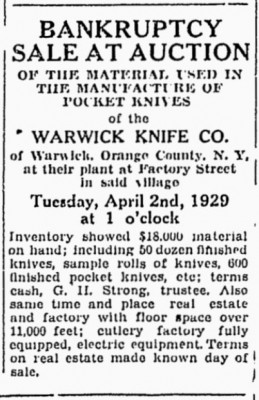 Warwick Knife Company Bankruptcy Auction<br />See picture #10 <br />February 19, 1929-this page.