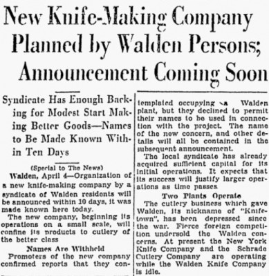 The future Orange Cutlery Company perhaps?<br />New York Knife Company<br />Schrade Cutlery Company<br />Walden Knife Company mentioned.