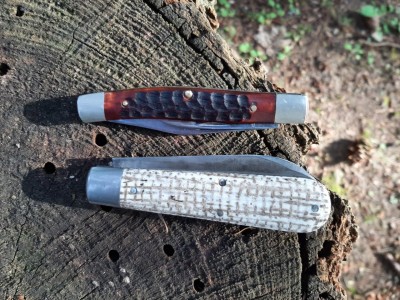 '72 Case #32 red bone -  '20 GEC #86 Northwoods frosted mini wheat micarta