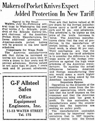 Tariff Bill. W.R. Case &amp; Son, Cattaraugus Cutlery Co.,<br />Colonial Knife Co., Dwight Devine &amp; Sons,<br />Empire Knife Co., Honk Falls Knife Co mentioned.