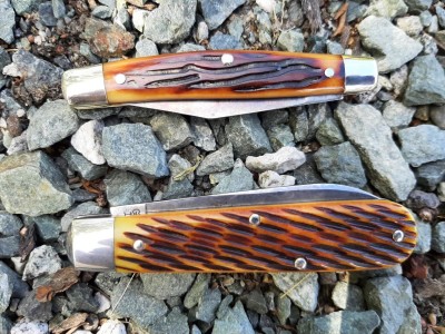 Schrade USA 33 OT Jeffinn wormgroove bone - Tidioute #15 boys knife antique yellow jigged bone