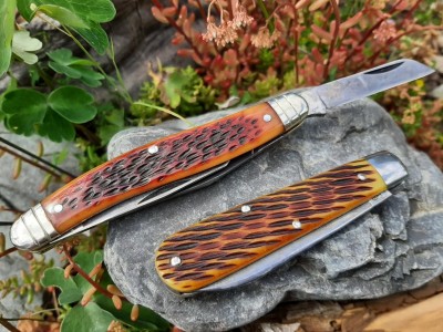 Schrade USA 61 OT Stockman Jeffinn bone - GEC Tidioute 15 boys knife antique yellow jigged