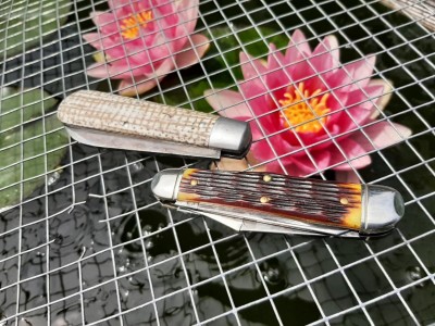 GEC 86 Northwoods Heritage frosted mini wheat micarta - GEC 29 Maher and Grosh Texas Ranger antique yellow