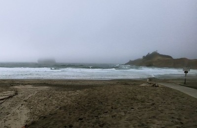 Friday afternoon with the storm rolling in you can see the bottom of Haystack Rock about in the center of the picture.