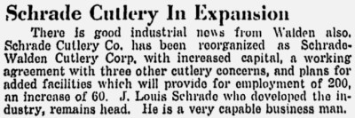 Schrade Cutlery Company-<br />Schrade Walden Cutlery Corporation-<br />J. Louis Schrade mentioned.