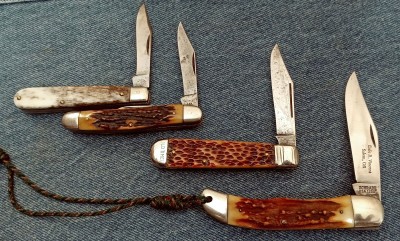 These are some I customized. The Westaco and the West-Cut are both Western products. Of course the third one down is a Schrade Walden 2OT That I brought back from an old knife that Ozzie Marie sent me. Love This knife, the blade is actually an unstamped Schrade Cut Co. blade, of course the last one is pretty obvious, 1230T in stag.