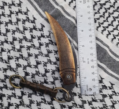 The handle is bone, with a brass ring and leather strap attached to the tang extension.