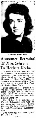 Engagement Announcement-<br />Miss Margo Louise Schrade, Pictured And <br />Mentioned And Mr. L. J. Schrade (Louis), Mentioned.