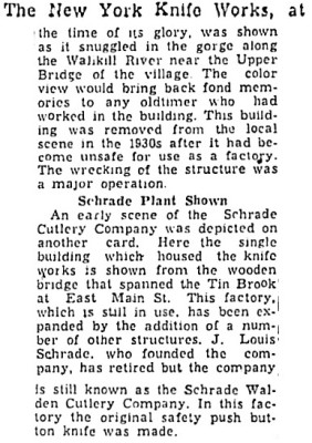 New York Knife Works-<br />Schrade Cutlery Company-<br />J. Louis Schrade And<br />Schrade Walden Cutlery Company Mentioned.<br /><br />This Was Part Of A BIG Article On Old Walden<br />Postcards. This Is The Only Part Dealing With <br />The Cutlery Industry. There Were No Pictures <br />With It.