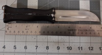 Sturdy carbon steel blade with a fuller, slight clip point and lots of belly. The edge can impact the inside of the handle, but the blade has wide enough tolerance in the closed position that its not forced to slam the handle every time you close it.