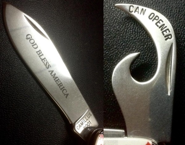 Left - The Main Blade Etch.<br />Right - The Can Opener Stamp.<br />CAMILLUS 1760F-&quot;Ol' Glory&quot; Series<br />Pocket Knife #22.