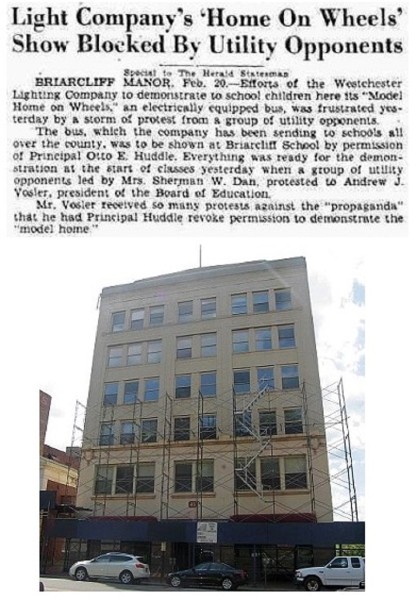 Top - Article, February 20, 1935.<br />Bottom - "45 South Broadway is now unoccupied, <br />because of structural and financial problems." Circa 2010(?)