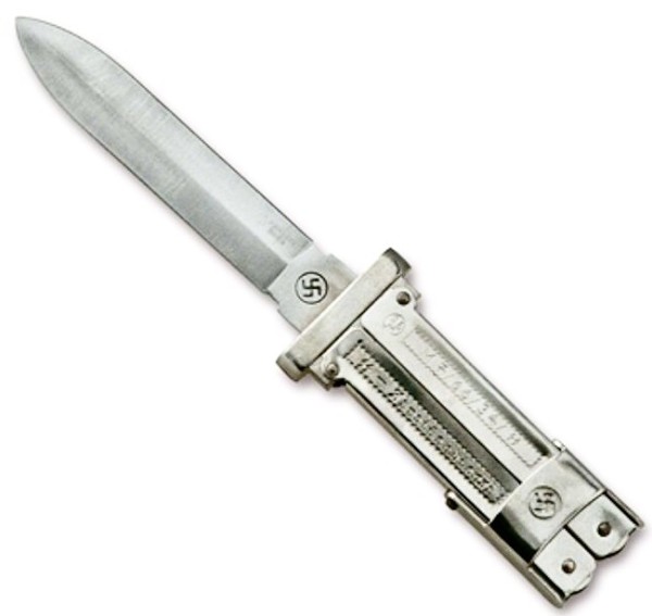 Picture #1. - "Purportedly issued to SS Paratroopers, these “pantograph” type pocket knives feature a unique folding handle that completely encases the blade when closed. SS marked along with the RZM number assigned to the prestigious Eickhorn firm, M7/66/34/SS. The extremely sharp, finely ground stainless steel blade is marked with a swastika. Price $15.95"
