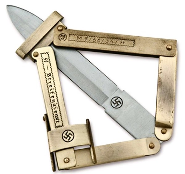 Picture #2. - Purportedly issued to SS Paratroopers, these “pantograph” type pocket knives feature a unique folding handle that completely encases the blade when closed. SS marked along with the RZM number assigned to the prestigious Eickhorn firm, M7/66/34/SS. The extremely sharp, finely ground stainless steel blade is marked with a swastika. Price $15.95"