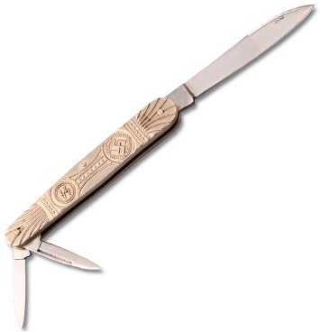 Picture #3. - "Embossed with SS runes, swastika and art deco style designs on both sides, the solid brass scales of this pocket knife house three very sharp, stainless steel blades. Overall length is 3-3/4", with two 1-1/4" and one 2-1/2" blade. Price $17.95"