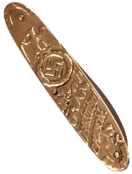 Picture #4b. - "Adolph Hitler Pocket Knife with "Deutschland Erwache" and "Alles für Deutschland" on the blade. The solid brass scales of these knives house very sharp, stainless steel blades. Overall length is 3-3/4” with 2-1/2" blades. Price $12.95"