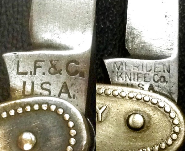 Left - L. F. &amp; C. (Landers, Frary &amp; Clark) - 1912-1950.<br />Right - MERIDEN KNIFE CO - 1917-1932.<br />Landers, Frary &amp; Clark Bought Out Meriden In 1918.