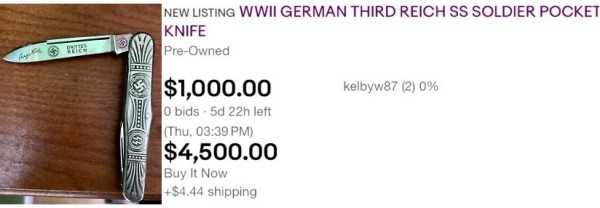 Item Description From The Seller.<br />"German WWII Waffen SS Pocket Knife. Measures 7 7/8 inches long with two blades open. <br />The longer blade is marked with a swastika surrounded by a round oak leaf border. It <br />reads Drittes Reich. It also has a swastika with a facsimile signature of Dictator Adolf <br />Hitler. Both sides of the handles shows a pair of SS runes and a swastika. Two piece two <br />rivet nickel construction with three steel blades. Unauthenticated, sold as"