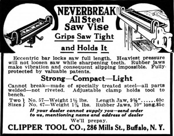 Clipper Tool Co. Saw Vise ad - 1916