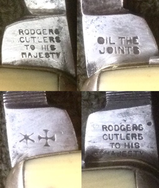 Top Left - The Third Blade Front Tang Stamp.<br />Top Right - The Third Blade Back Tang Stamp.<br />Bottom Left - The Broken File Front Tang Stamp.<br />Bottom Right - The Broken File Back Tang Stamp.